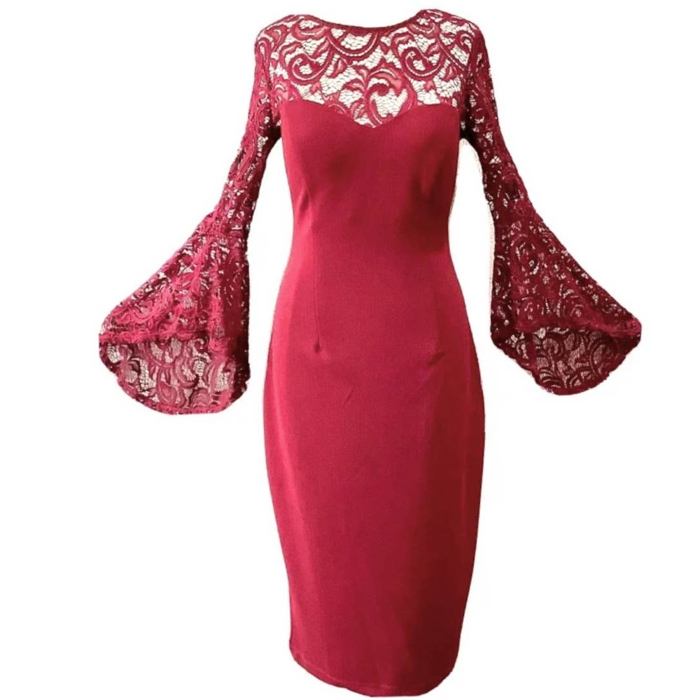 Red REBECCA B Lace Bell Sleeve Cocktail Dress sz 6 Burgundy Red NEW